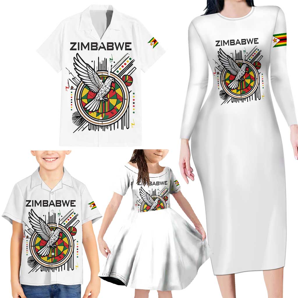 Spirit of Zimbabwe Family Matching Long Sleeve Bodycon Dress and Hawaiian Shirt Tribal Patterns, Flag Colors and Symbol of Peace