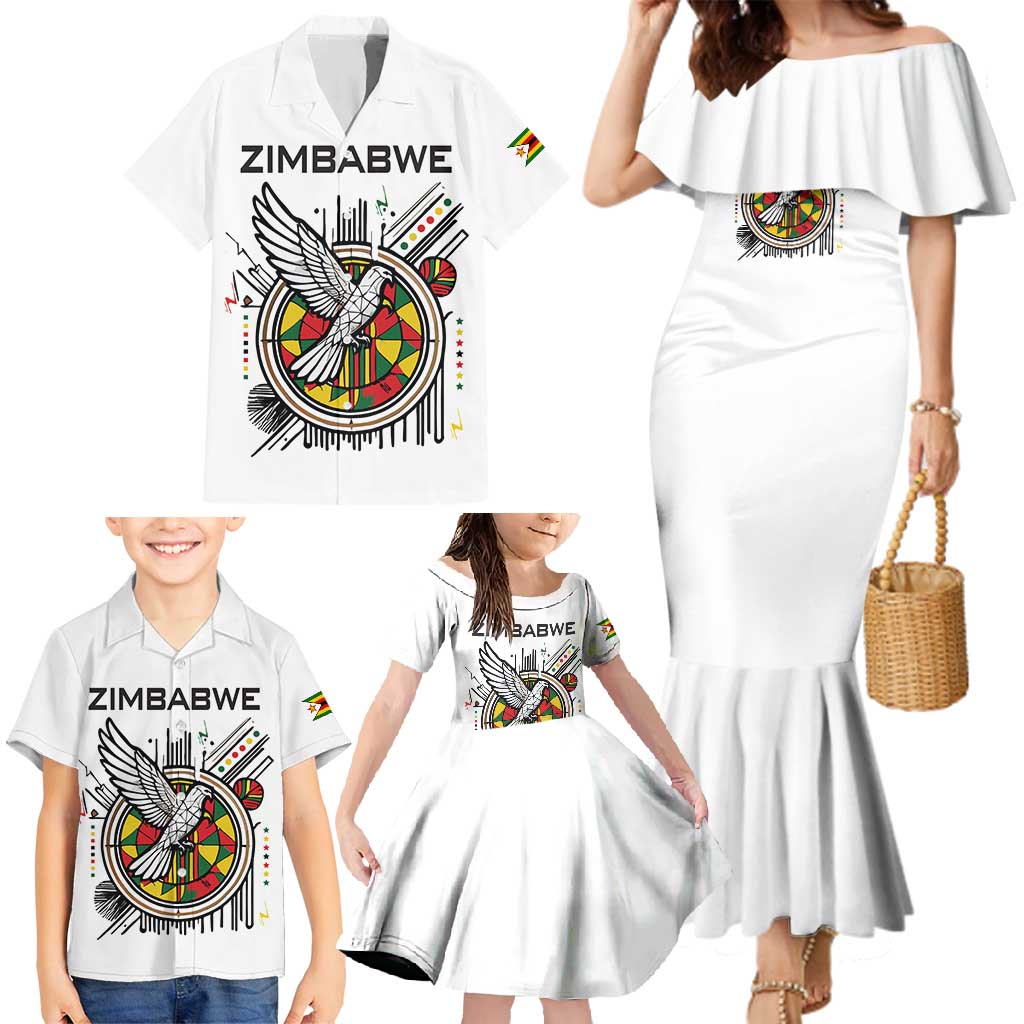 Spirit of Zimbabwe Family Matching Mermaid Dress and Hawaiian Shirt Tribal Patterns, Flag Colors and Symbol of Peace