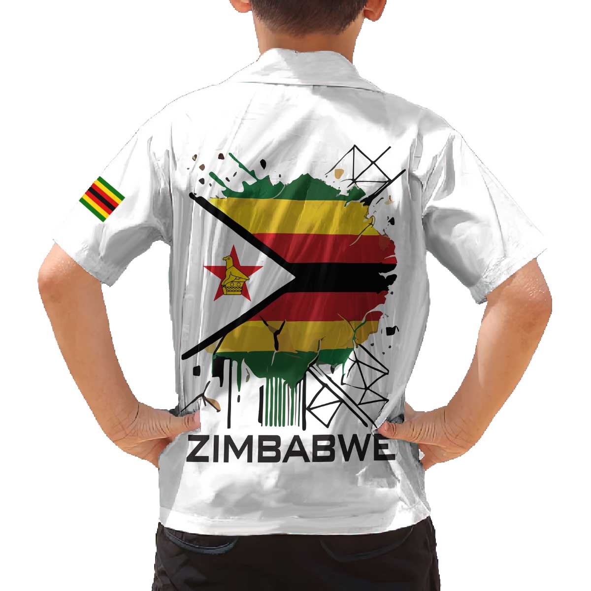 Spirit of Zimbabwe Family Matching Off The Shoulder Long Sleeve Dress and Hawaiian Shirt Tribal Patterns, Flag Colors and Symbol of Peace