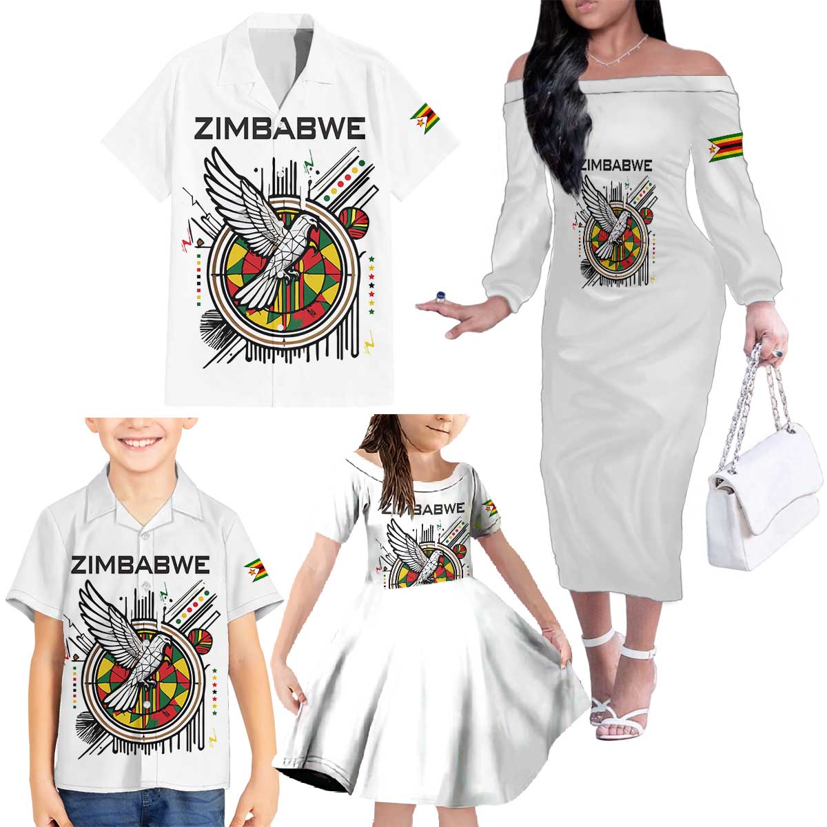 Spirit of Zimbabwe Family Matching Off The Shoulder Long Sleeve Dress and Hawaiian Shirt Tribal Patterns, Flag Colors and Symbol of Peace