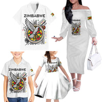 Spirit of Zimbabwe Family Matching Off The Shoulder Long Sleeve Dress and Hawaiian Shirt Tribal Patterns, Flag Colors and Symbol of Peace