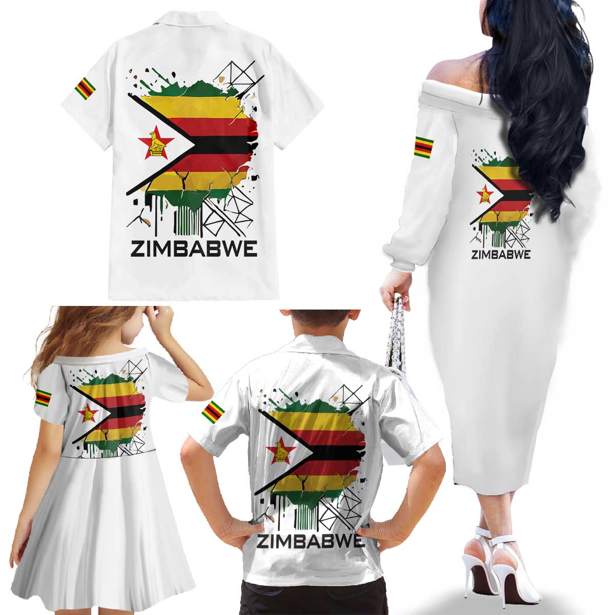 Spirit of Zimbabwe Family Matching Off The Shoulder Long Sleeve Dress and Hawaiian Shirt Tribal Patterns, Flag Colors and Symbol of Peace