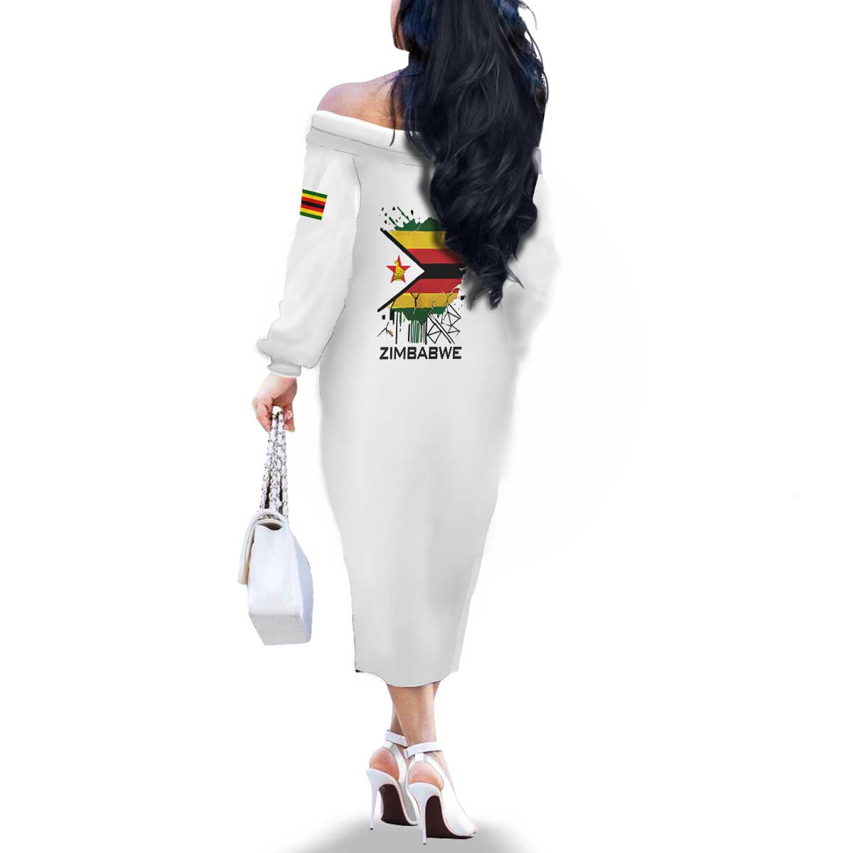 Spirit of Zimbabwe Family Matching Off The Shoulder Long Sleeve Dress and Hawaiian Shirt Tribal Patterns, Flag Colors and Symbol of Peace
