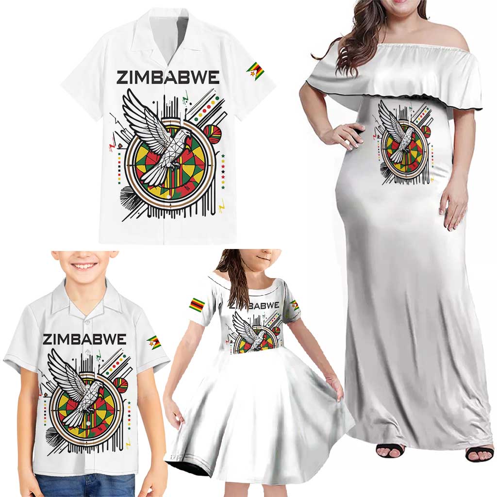 Spirit of Zimbabwe Family Matching Off Shoulder Maxi Dress and Hawaiian Shirt Tribal Patterns, Flag Colors and Symbol of Peace