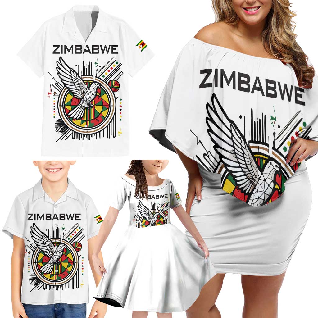 Spirit of Zimbabwe Family Matching Off Shoulder Short Dress and Hawaiian Shirt Tribal Patterns, Flag Colors and Symbol of Peace