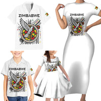 Spirit of Zimbabwe Family Matching Short Sleeve Bodycon Dress and Hawaiian Shirt Tribal Patterns, Flag Colors and Symbol of Peace