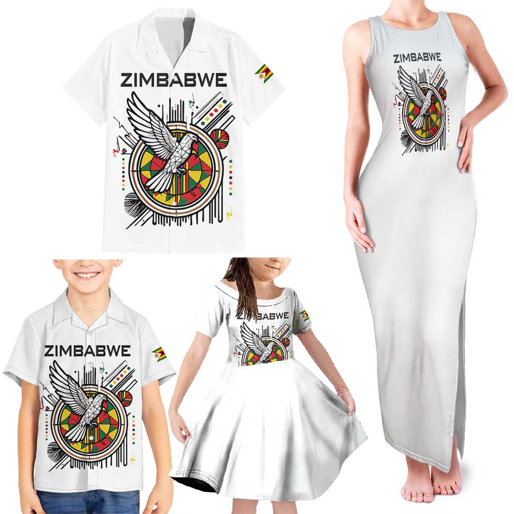 Spirit of Zimbabwe Family Matching Tank Maxi Dress and Hawaiian Shirt Tribal Patterns, Flag Colors and Symbol of Peace