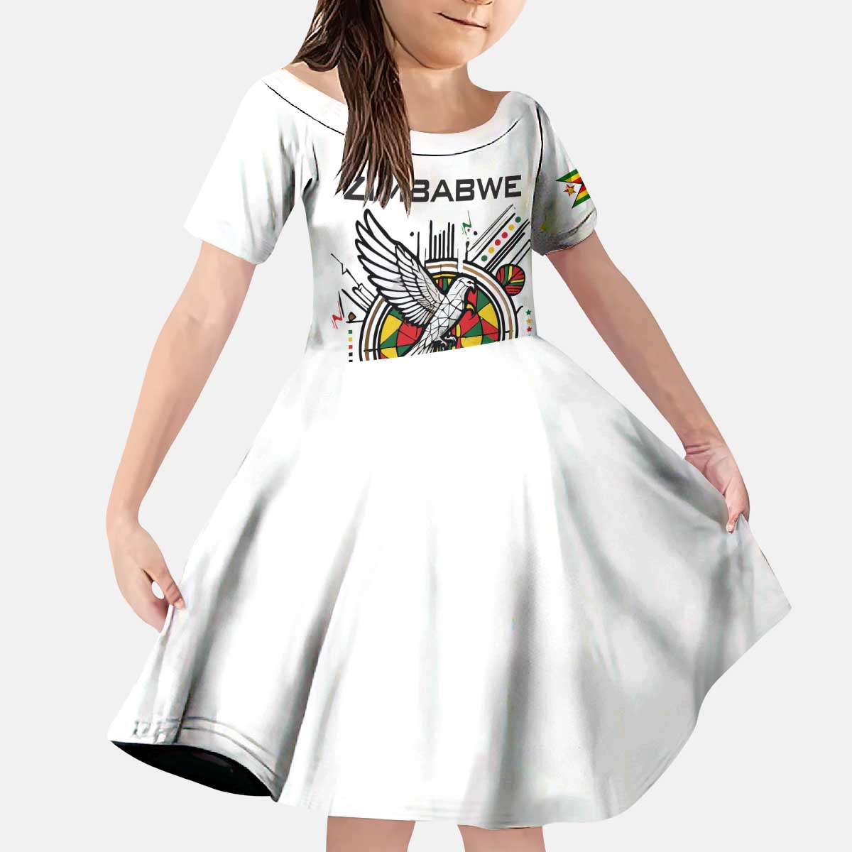 Spirit of Zimbabwe Kid Short Sleeve Dress Tribal Patterns, Flag Colors and Symbol of Peace