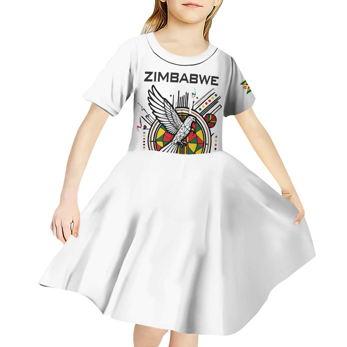 Spirit of Zimbabwe Kid Short Sleeve Dress Tribal Patterns, Flag Colors and Symbol of Peace