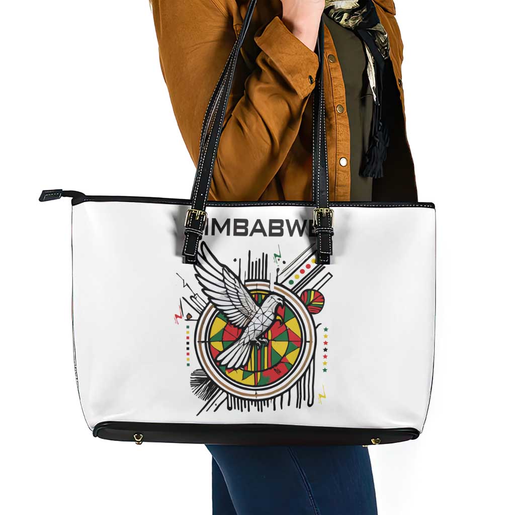 Spirit of Zimbabwe Leather Tote Bag Tribal Patterns, Flag Colors and Symbol of Peace