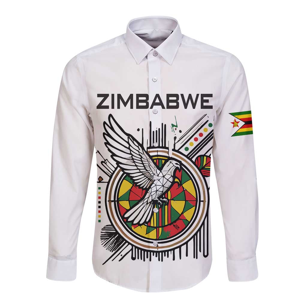 Spirit of Zimbabwe Long Sleeve Button Shirt Tribal Patterns, Flag Colors and Symbol of Peace