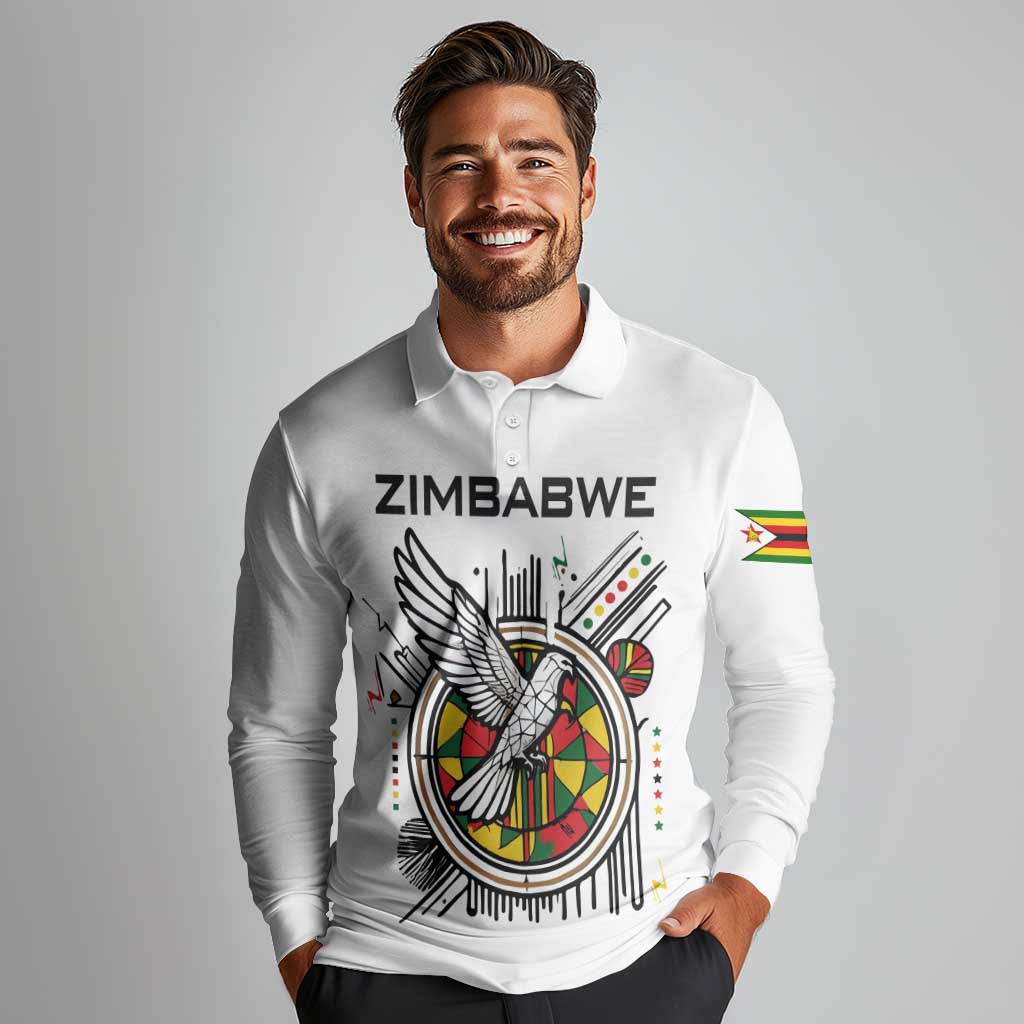 Spirit of Zimbabwe Long Sleeve Polo Shirt Tribal Patterns, Flag Colors and Symbol of Peace
