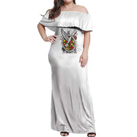 Spirit of Zimbabwe Off Shoulder Maxi Dress Tribal Patterns, Flag Colors and Symbol of Peace