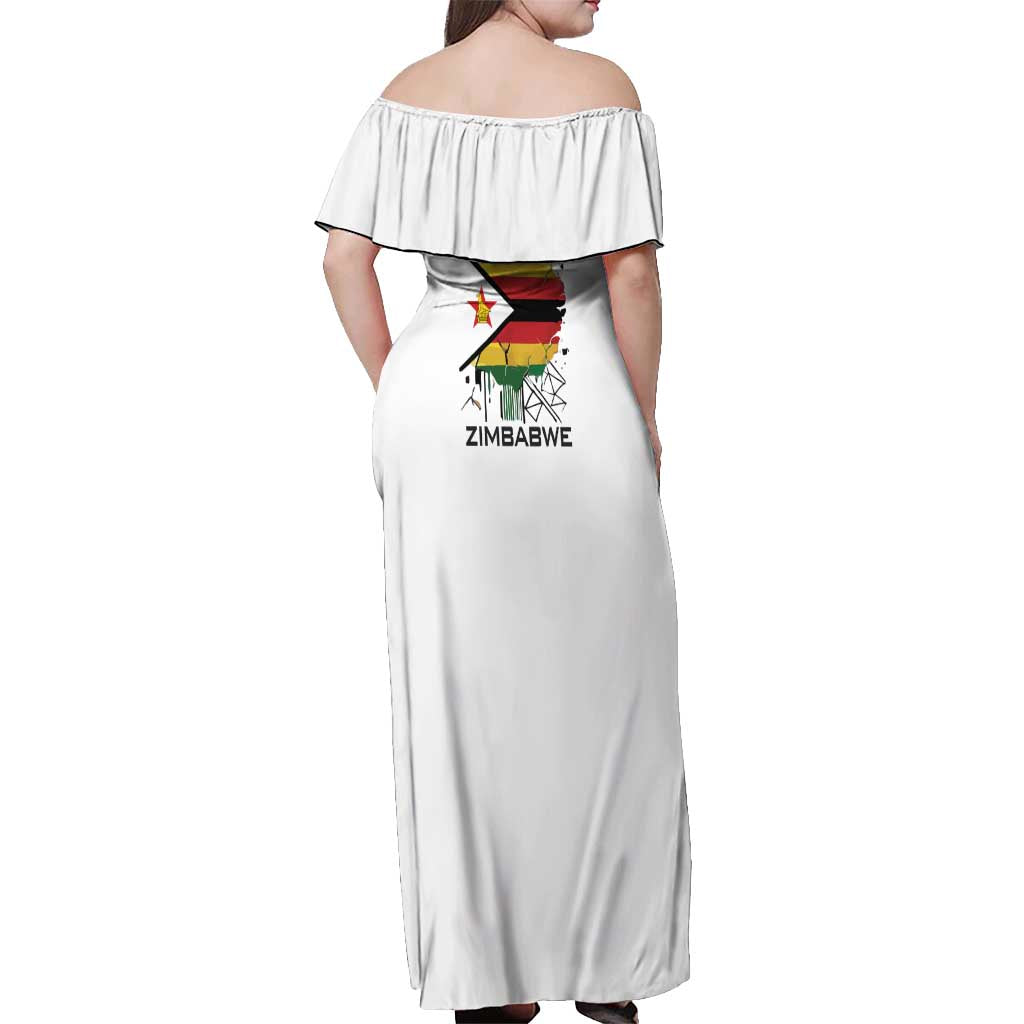 Spirit of Zimbabwe Off Shoulder Maxi Dress Tribal Patterns, Flag Colors and Symbol of Peace