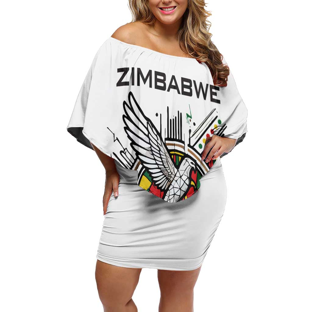 Spirit of Zimbabwe Off Shoulder Short Dress Tribal Patterns, Flag Colors and Symbol of Peace