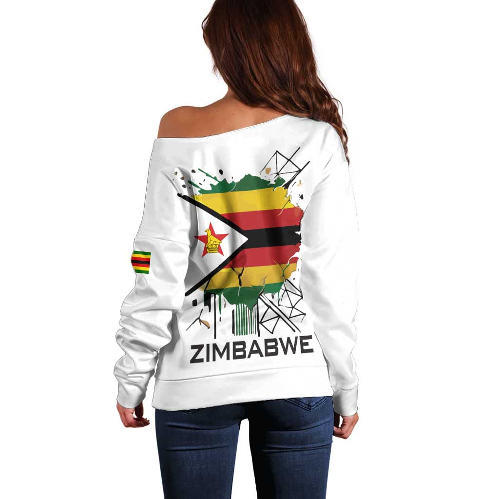 Spirit of Zimbabwe Off Shoulder Sweater Tribal Patterns, Flag Colors and Symbol of Peace