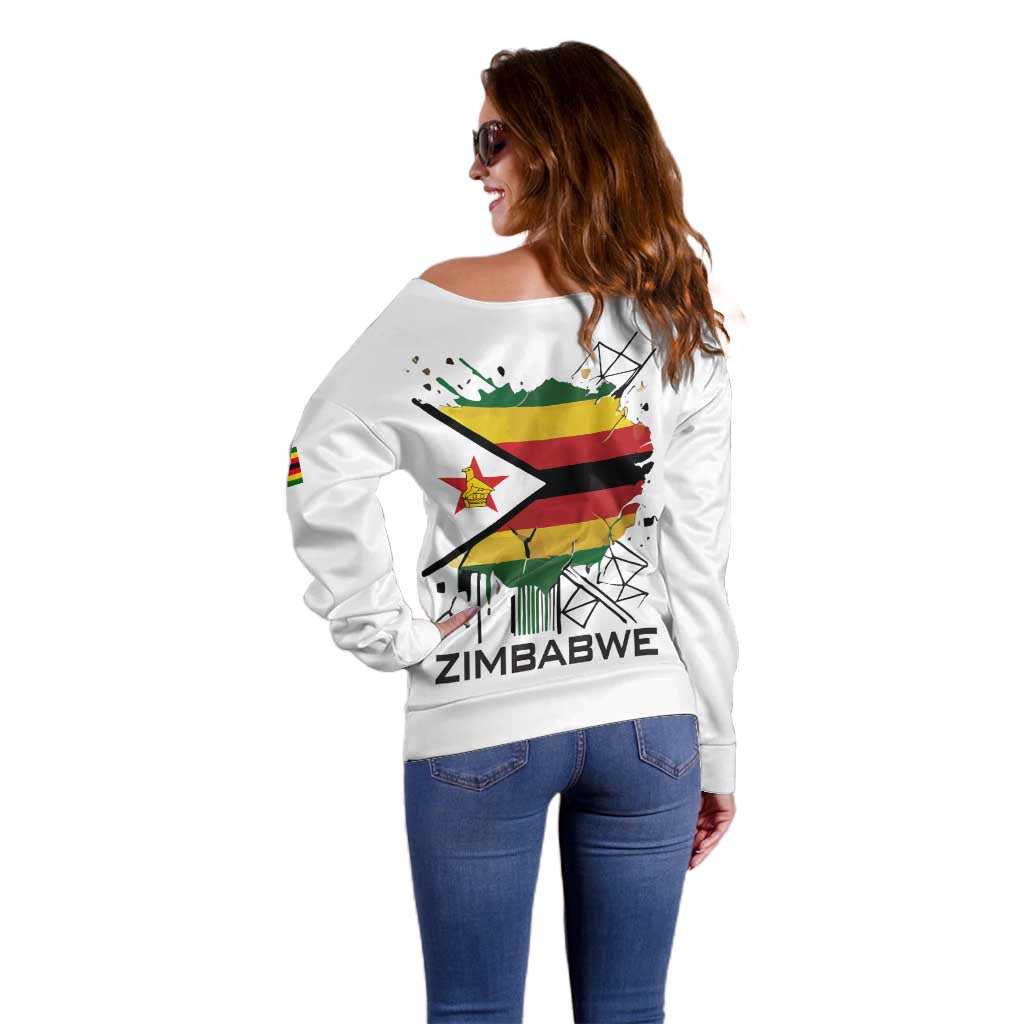 Spirit of Zimbabwe Off Shoulder Sweater Tribal Patterns, Flag Colors and Symbol of Peace