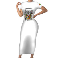 Spirit of Zimbabwe Short Sleeve Bodycon Dress Tribal Patterns, Flag Colors and Symbol of Peace