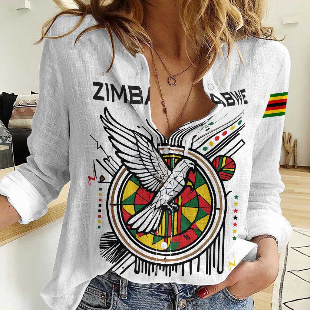 Spirit of Zimbabwe Women Casual Shirt Tribal Patterns, Flag Colors and Symbol of Peace