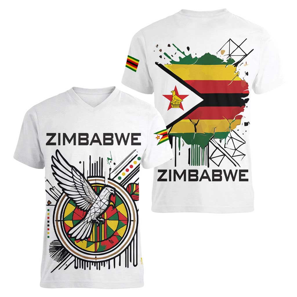 Spirit of Zimbabwe Women V-Neck T-Shirt Tribal Patterns, Flag Colors and Symbol of Peace