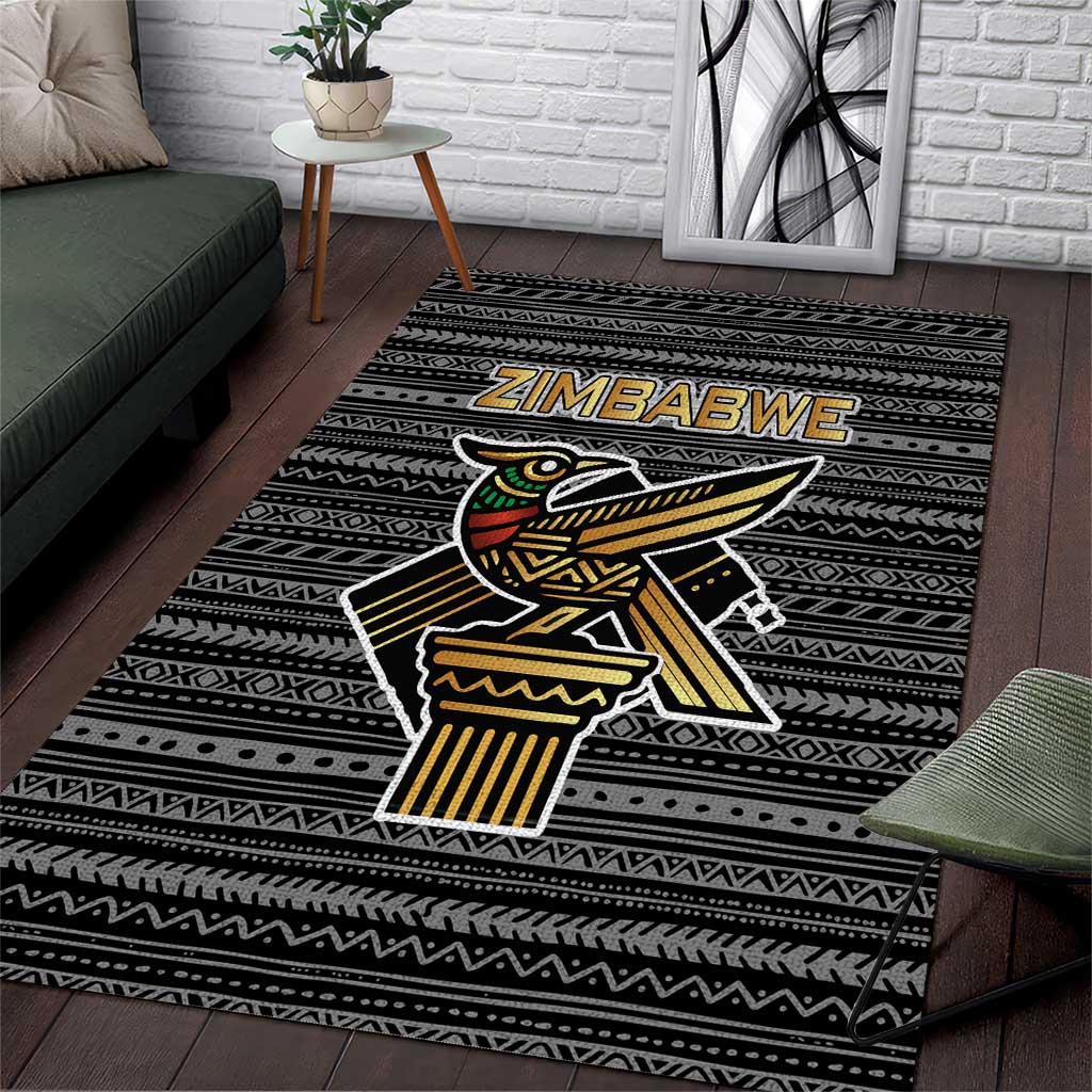 Zimbabwean Bird Statue Area Rug Tribal Pattern with National Flag Patch and Heritage Symbol
