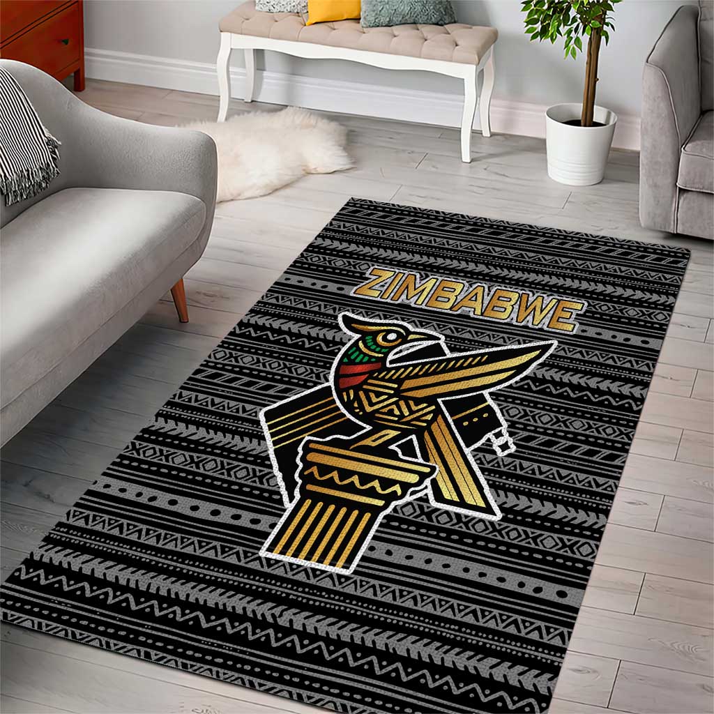 Zimbabwean Bird Statue Area Rug Tribal Pattern with National Flag Patch and Heritage Symbol