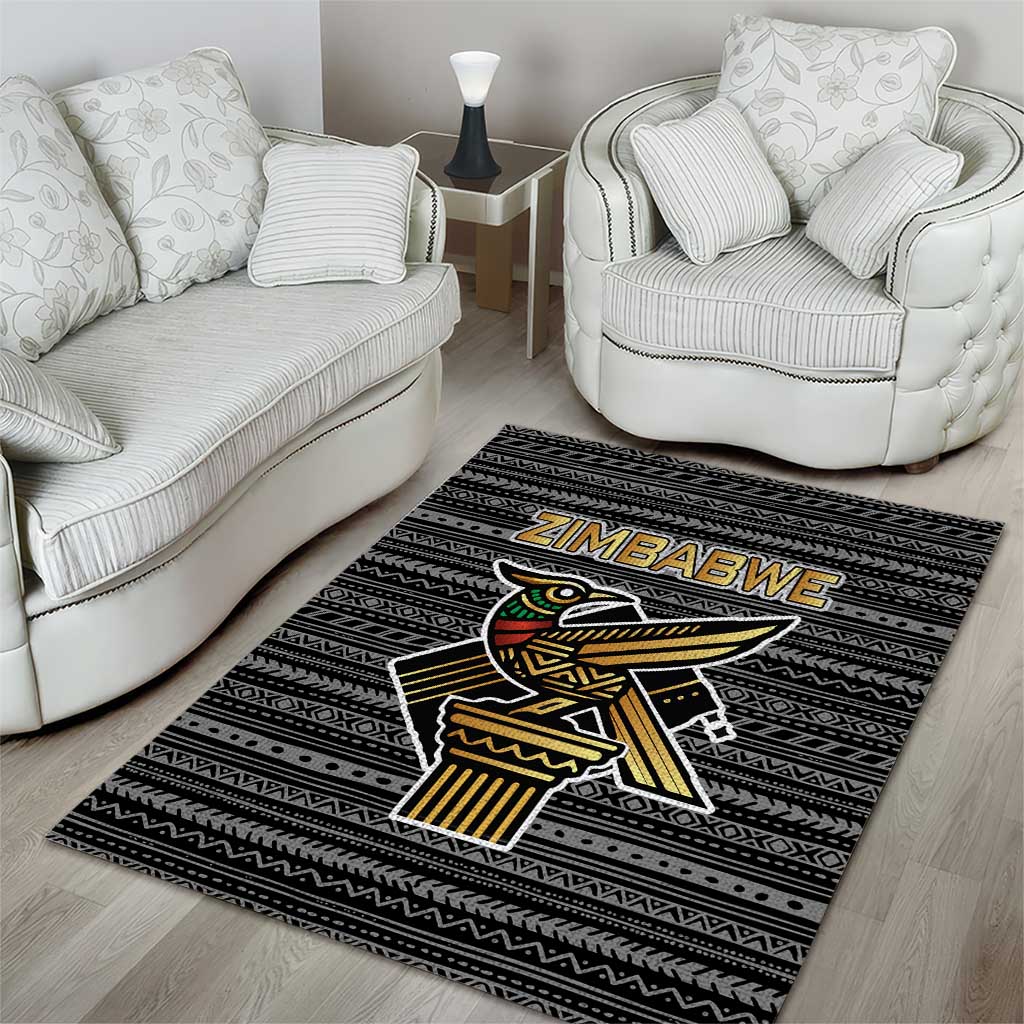 Zimbabwean Bird Statue Area Rug Tribal Pattern with National Flag Patch and Heritage Symbol