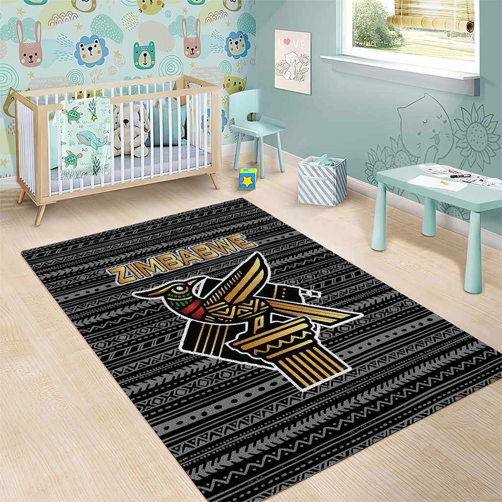 Zimbabwean Bird Statue Area Rug Tribal Pattern with National Flag Patch and Heritage Symbol