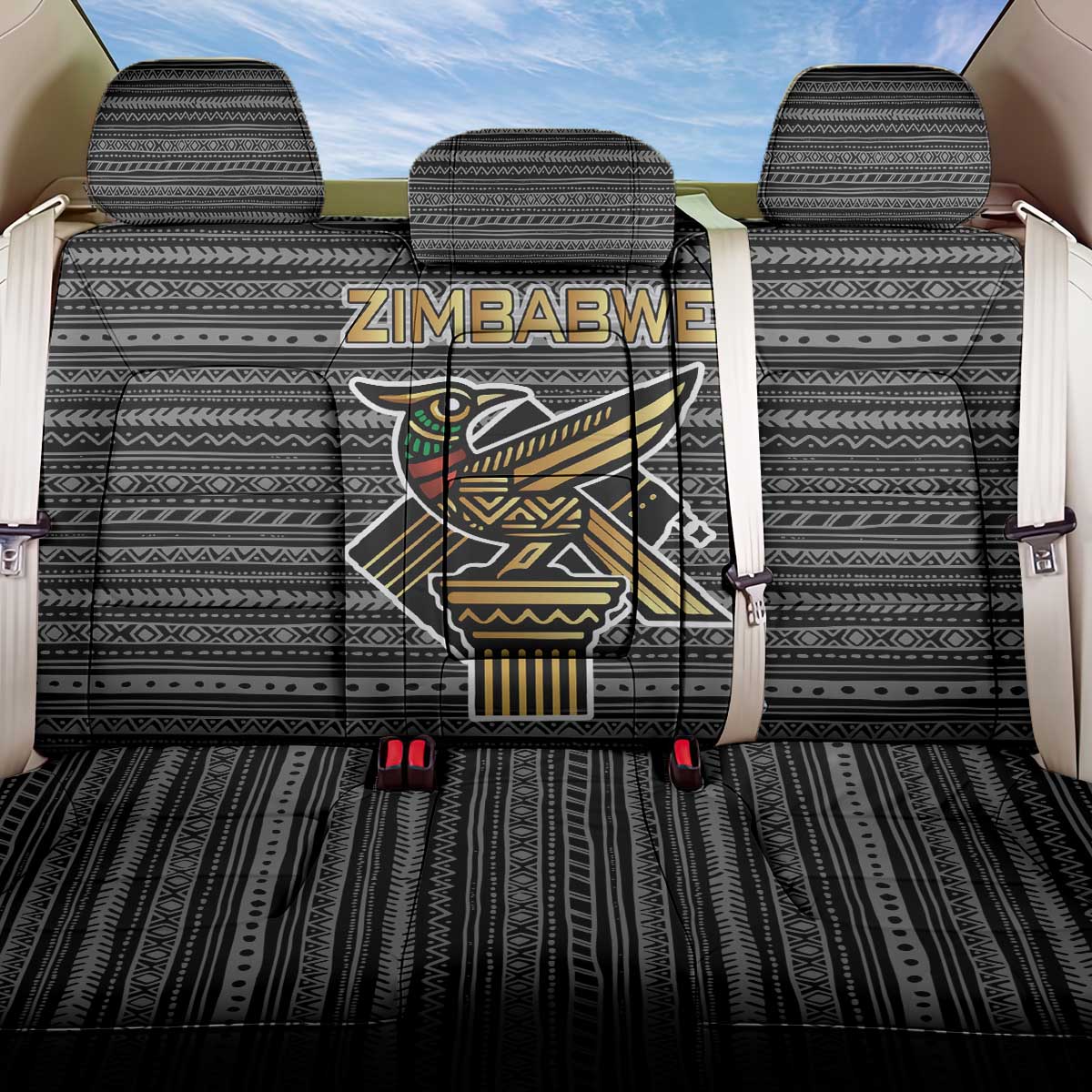 Zimbabwean Bird Statue Back Car Seat Cover Tribal Pattern with National Flag Patch and Heritage Symbol