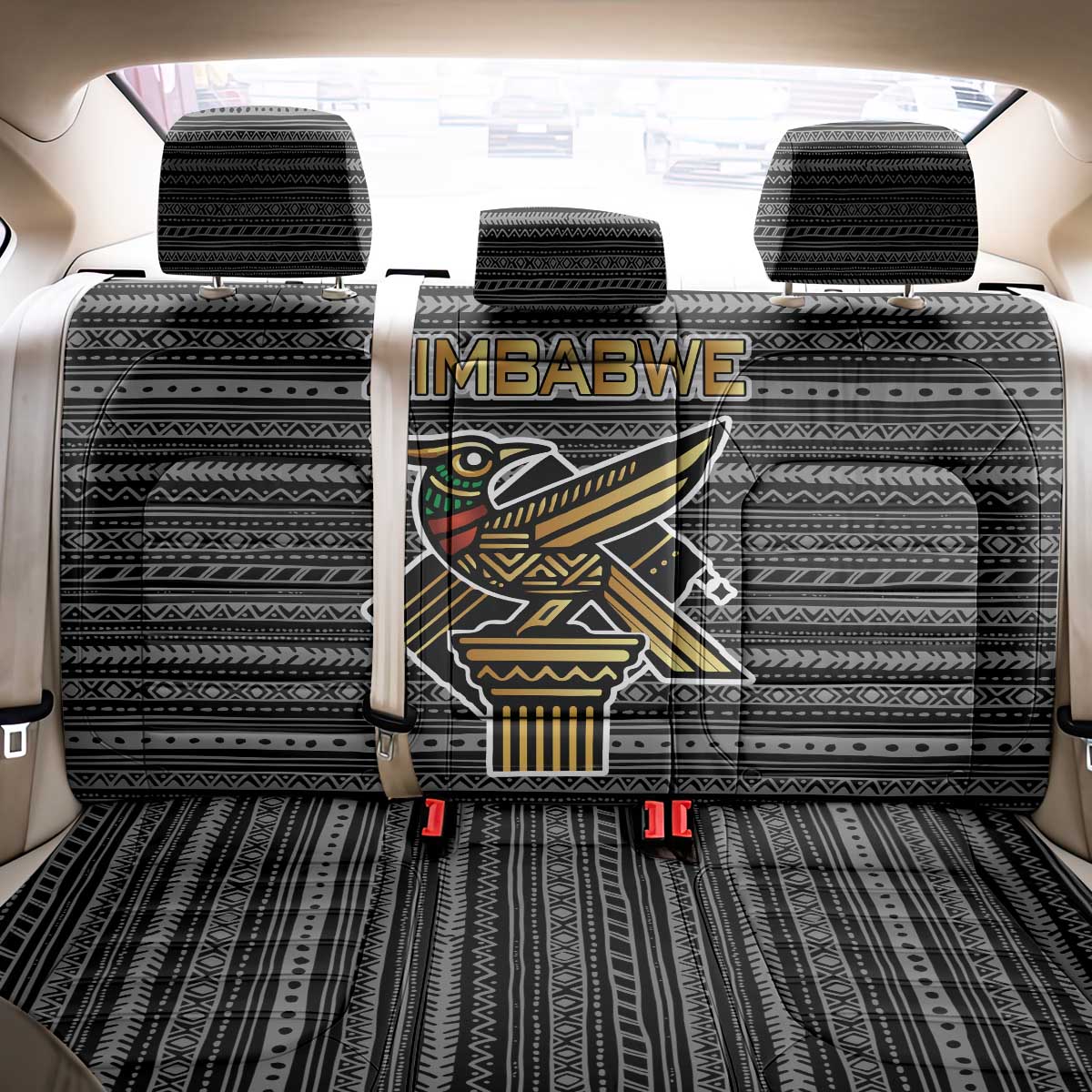 Zimbabwean Bird Statue Back Car Seat Cover Tribal Pattern with National Flag Patch and Heritage Symbol