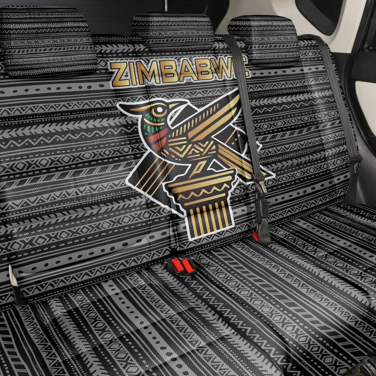 Zimbabwean Bird Statue Back Car Seat Cover Tribal Pattern with National Flag Patch and Heritage Symbol