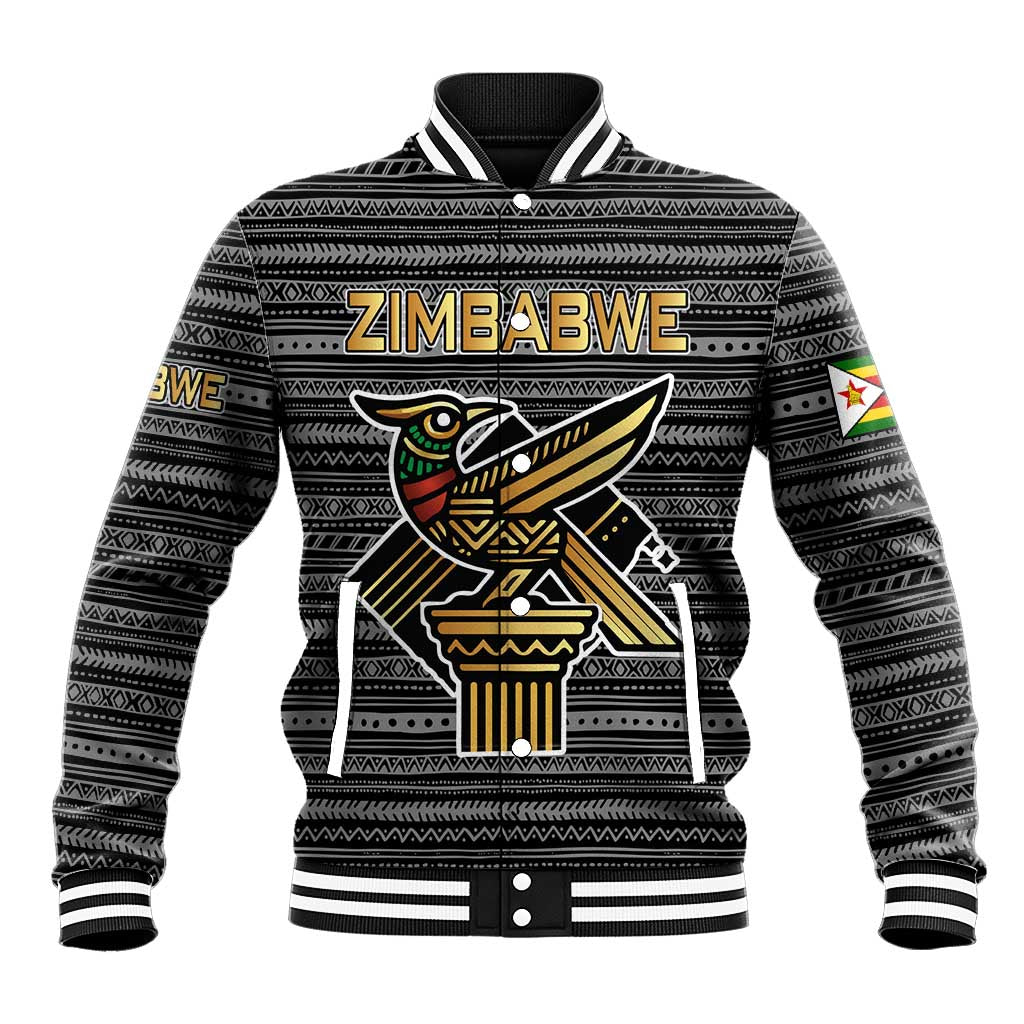 Zimbabwean Bird Statue Baseball Jacket Tribal Pattern with National Flag Patch and Heritage Symbol