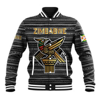 Zimbabwean Bird Statue Baseball Jacket Tribal Pattern with National Flag Patch and Heritage Symbol