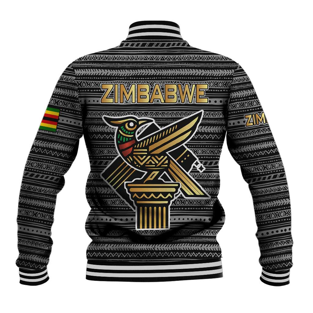 Zimbabwean Bird Statue Baseball Jacket Tribal Pattern with National Flag Patch and Heritage Symbol