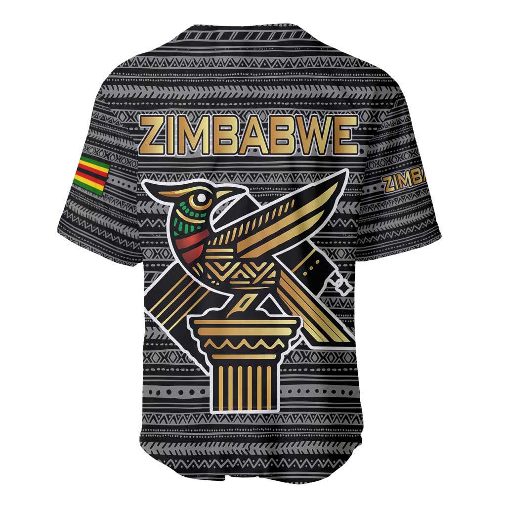 Zimbabwean Bird Statue Baseball Jersey Tribal Pattern with National Flag Patch and Heritage Symbol