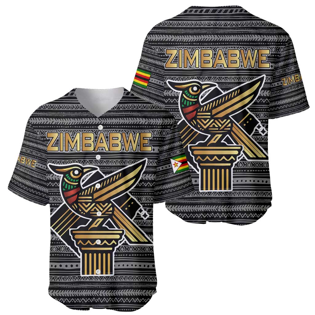 Zimbabwean Bird Statue Baseball Jersey Tribal Pattern with National Flag Patch and Heritage Symbol