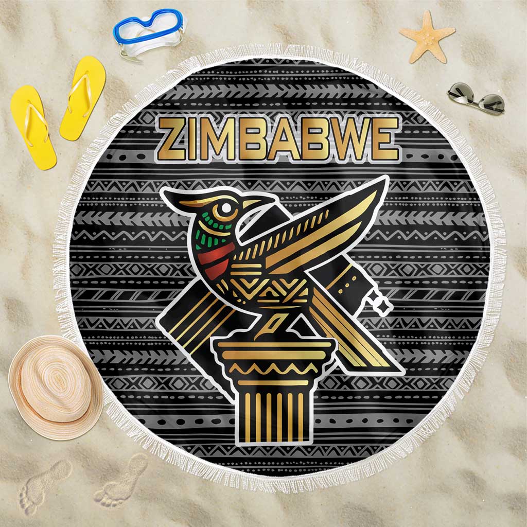 Zimbabwean Bird Statue Beach Blanket Tribal Pattern with National Flag Patch and Heritage Symbol