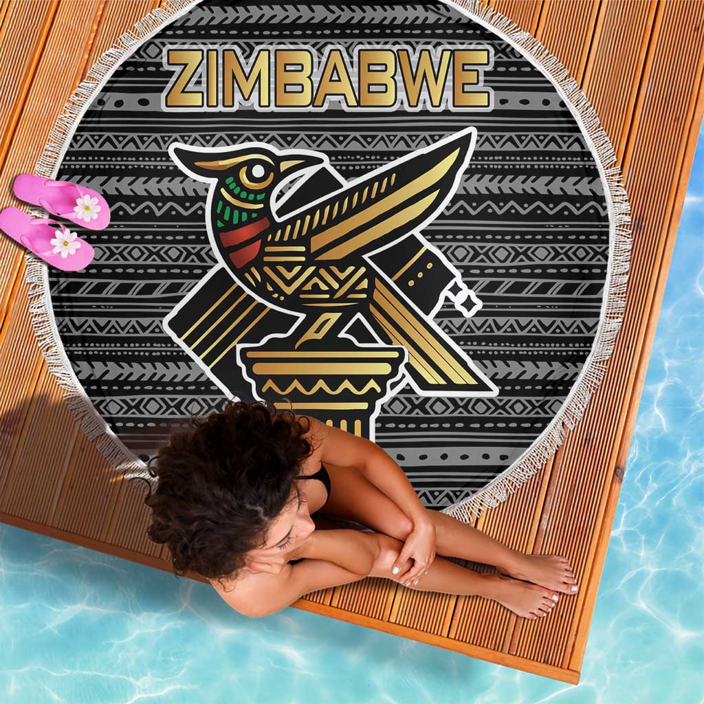 Zimbabwean Bird Statue Beach Blanket Tribal Pattern with National Flag Patch and Heritage Symbol