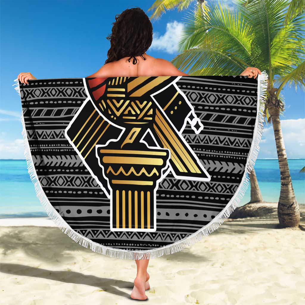 Zimbabwean Bird Statue Beach Blanket Tribal Pattern with National Flag Patch and Heritage Symbol