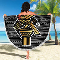 Zimbabwean Bird Statue Beach Blanket Tribal Pattern with National Flag Patch and Heritage Symbol