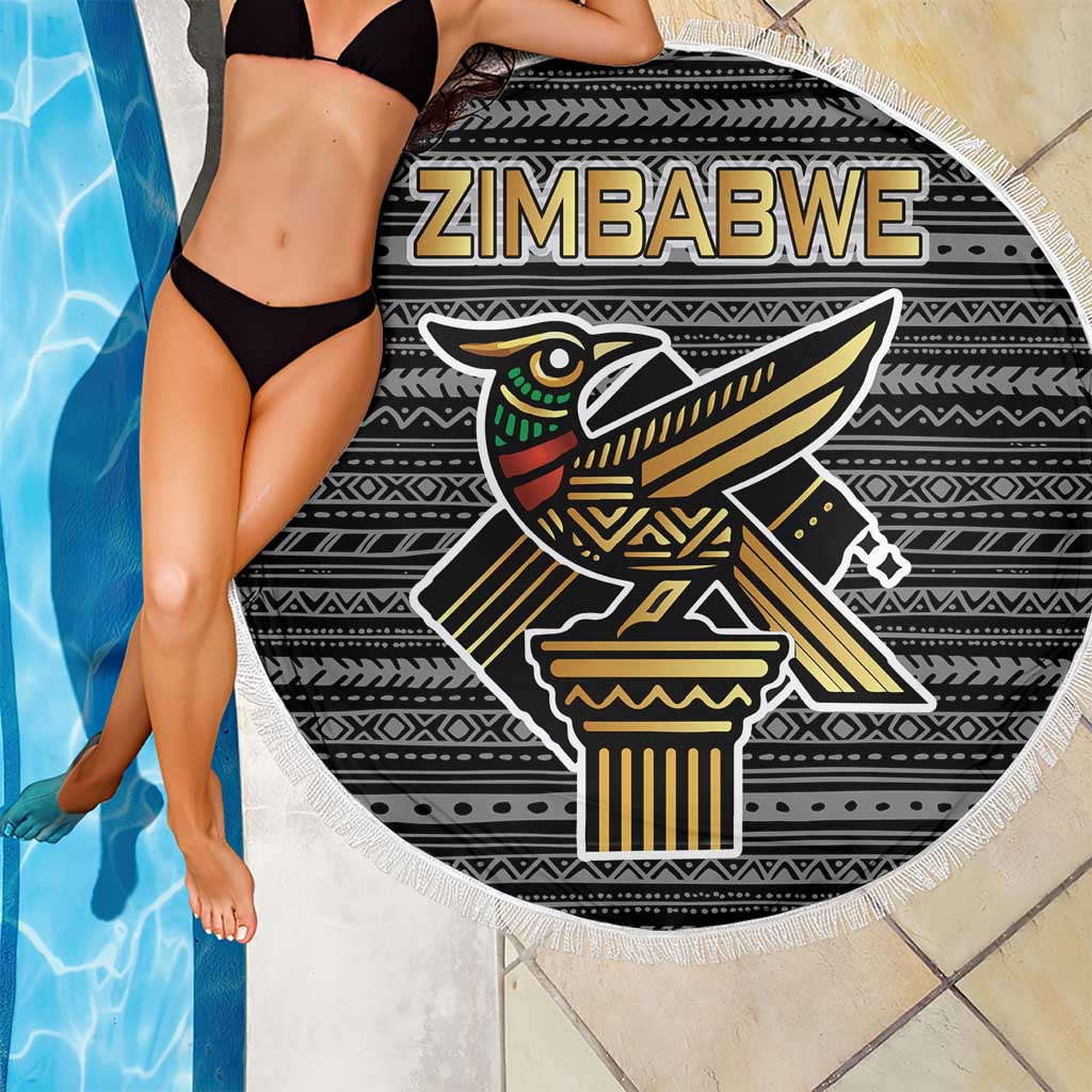 Zimbabwean Bird Statue Beach Blanket Tribal Pattern with National Flag Patch and Heritage Symbol