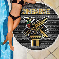 Zimbabwean Bird Statue Beach Blanket Tribal Pattern with National Flag Patch and Heritage Symbol