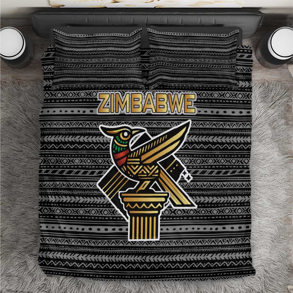 Zimbabwean Bird Statue Bedding Set Tribal Pattern with National Flag Patch and Heritage Symbol