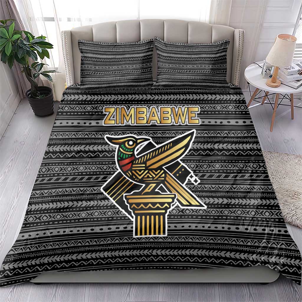 Zimbabwean Bird Statue Bedding Set Tribal Pattern with National Flag Patch and Heritage Symbol