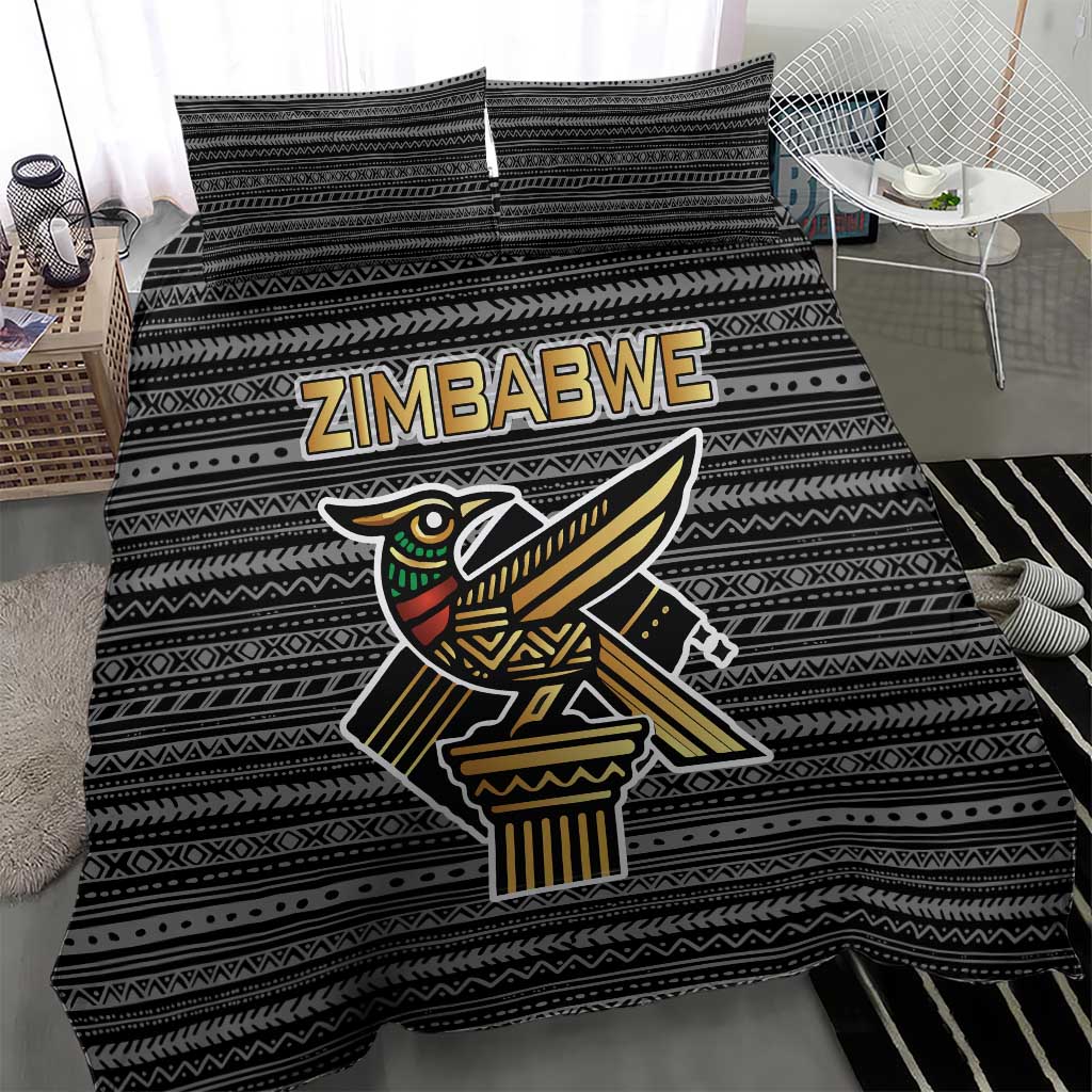 Zimbabwean Bird Statue Bedding Set Tribal Pattern with National Flag Patch and Heritage Symbol
