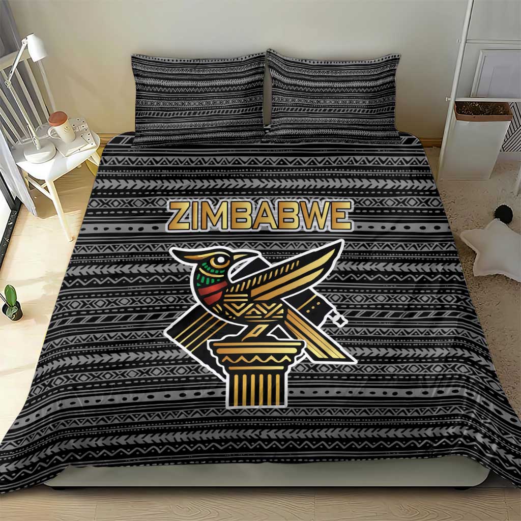 Zimbabwean Bird Statue Bedding Set Tribal Pattern with National Flag Patch and Heritage Symbol