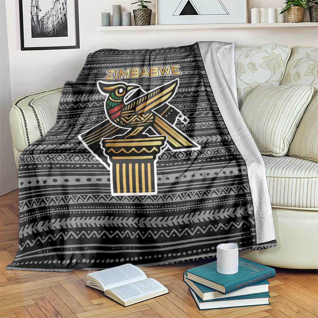 Zimbabwean Bird Statue Blanket Tribal Pattern with National Flag Patch and Heritage Symbol