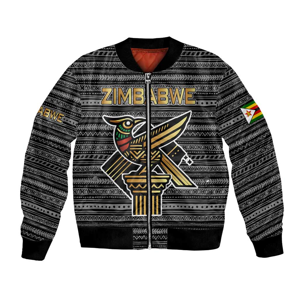 Zimbabwean Bird Statue Bomber Jacket Tribal Pattern with National Flag Patch and Heritage Symbol