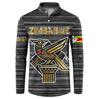Zimbabwean Bird Statue Button Sweatshirt Tribal Pattern with National Flag Patch and Heritage Symbol