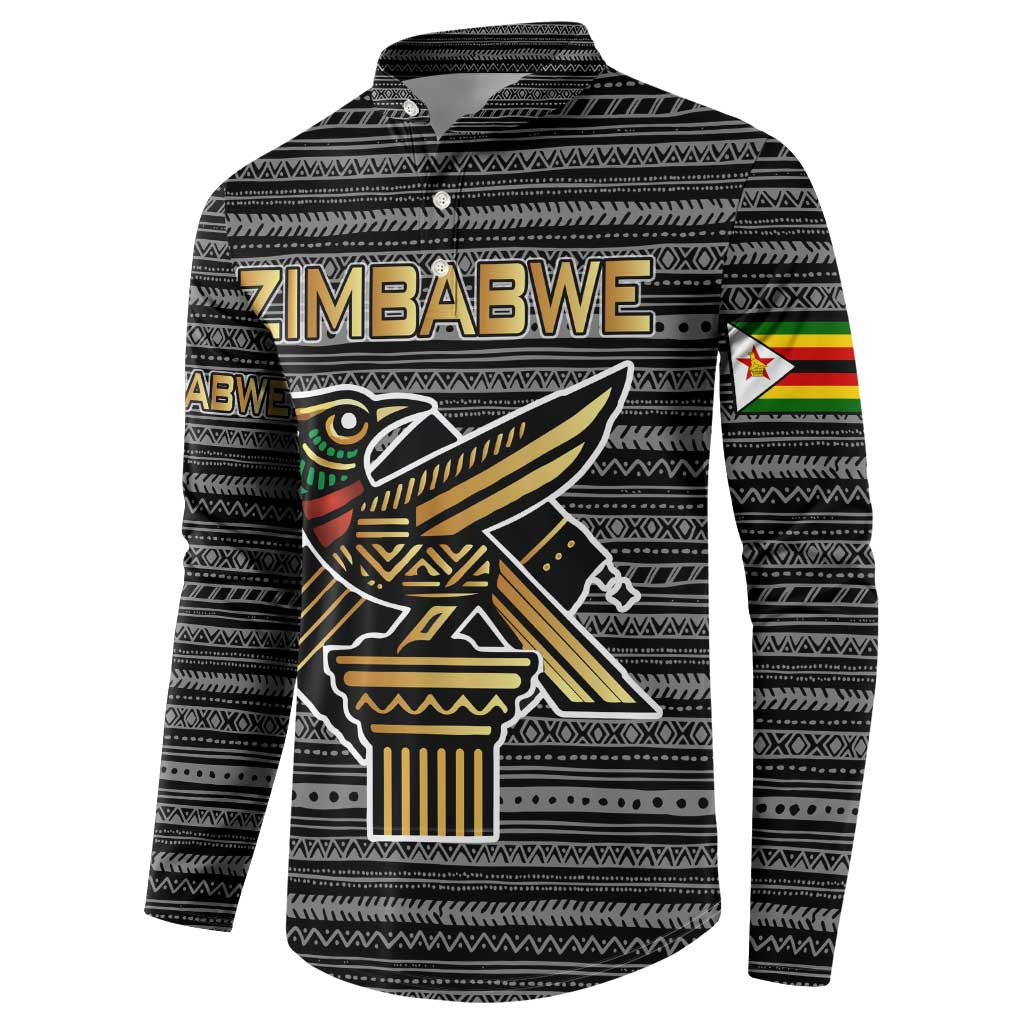 Zimbabwean Bird Statue Button Sweatshirt Tribal Pattern with National Flag Patch and Heritage Symbol